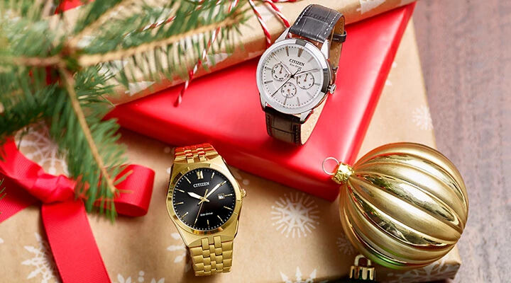 Image of gifts under holiday tree with Corso watch model BM7333-85E and Rolan watch model BU2110-01A